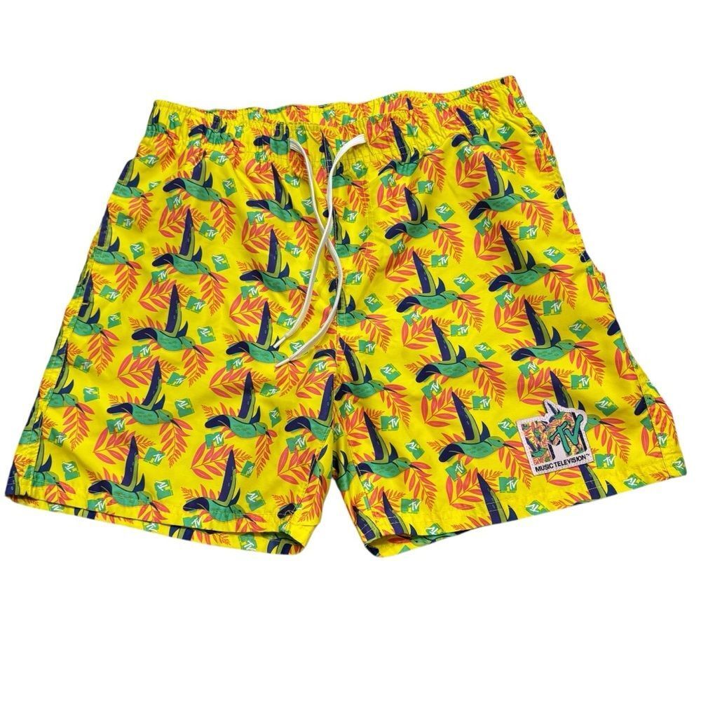 Mens MTV‎ Brand Yellow Hummingbird Print Swim Trunks Size Medium